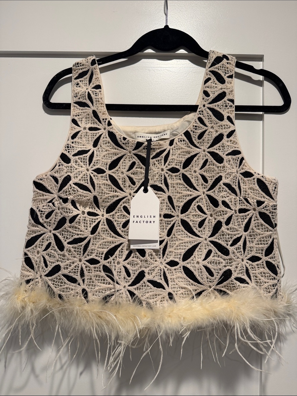Nwt -English Factory Cream Lace Crop Top with Feather Hem
